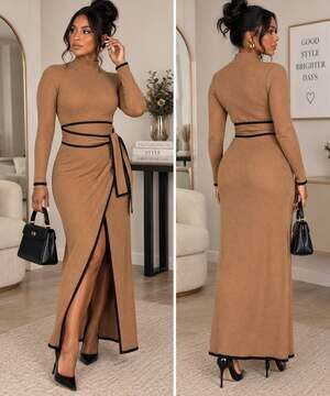 Camel Ribbed Knit Wrap Belted Maxi Dress Black Trim